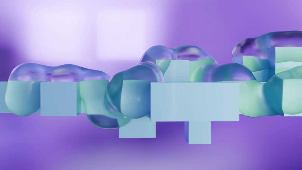 A captivating 3D render of fluid shapes in purple and blue hues, perfect for digital art projects.
